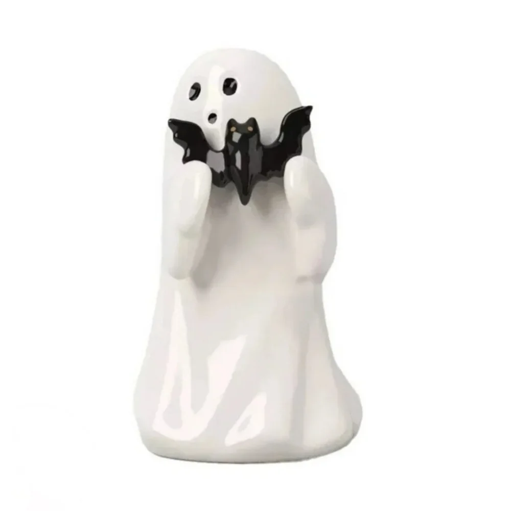 Ceramic White Ghost Holding Bat Halloween Figurine Collectible